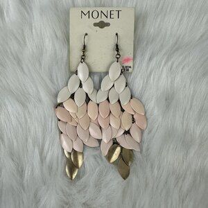 Monet Gold-Tone Layered Leaf Drop Earring 4.5" Pierced White Peach Gold New